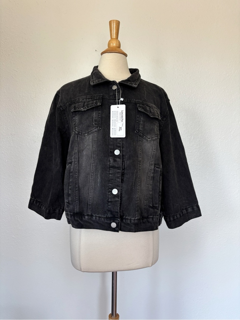 Distressed Black Denim Casual Button-Front Jean Jacket